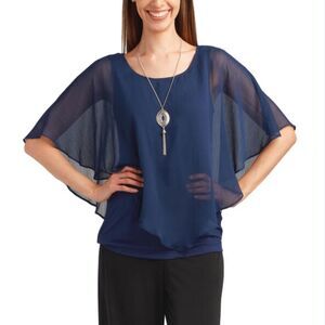 Nwt AGB Solid Chiffon Popover Blouse Necklace size small navy blue top trendy